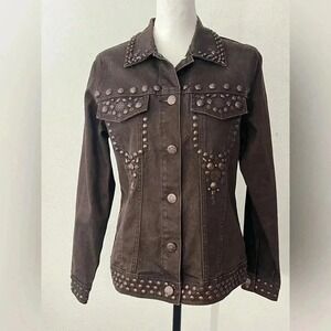 DG2 Diane Gilman Brown Denim Stretch Embellished‎ Western Boho Jacket XS
